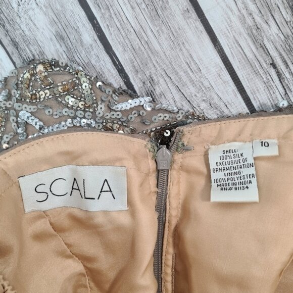 SCALA Silk Strapless Sequin Beaded Cocktail Mini Dress Style 48322 Lead Grey - Picture 8 of 13